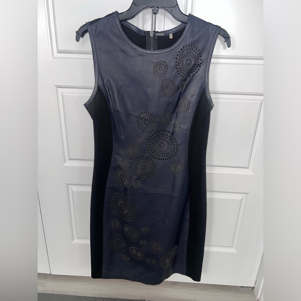 Ellie Tahari Laser Cut Leather Navy and Black Dress (8)